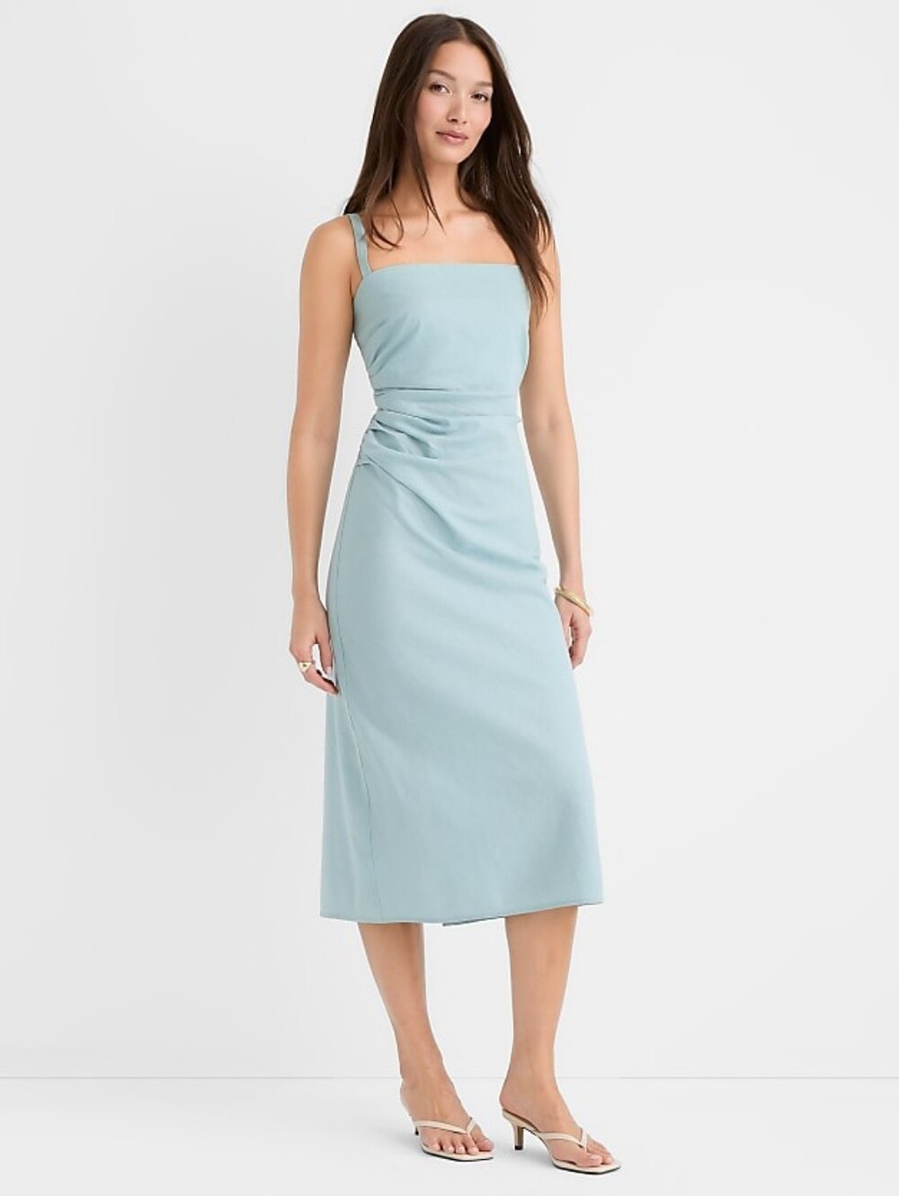Loft Linen Cotton Ruched Midi Dress • Size 14 Smokey Opal Blue NWT